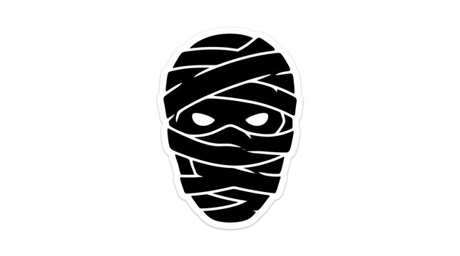 Minimalist black silhouette mummy head sticker icon wrapped in bandages for Halloween spooky decoration on white background