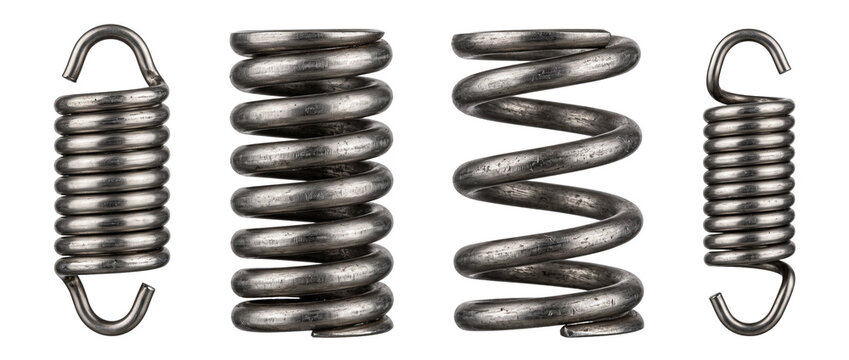 Metal steel spring coil set isolated on black background hardware parts for industrial engineering mechanism components, tension compression metallic coil collection, durable heavy duty iron equipment