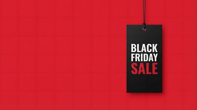 Black friday sale tag hanging on a red background minimalist shopping concept for promotional marketing and retail discount events