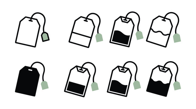 Minimalist vector illustration set featuring assorted black and white tea bag icons for creative design projects