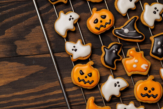 Halloween gingerbread cookies in pumpkin and ghost shapes on dark wooden background
