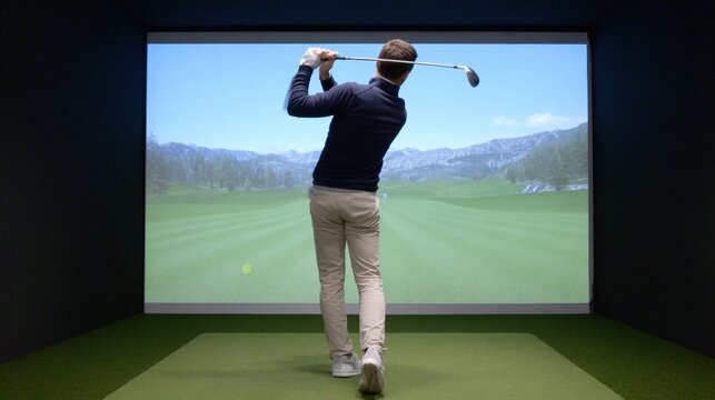 Golfer Practicing Swing in Virtual Golf Simulator with Scenic Background and Indoor Setting