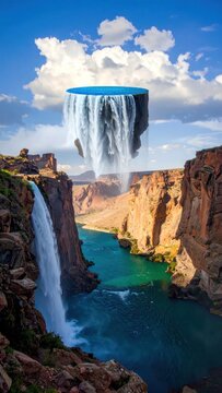 Floating rock island with waterfall above deep river canyon.