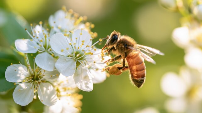 Close-up of a honey bee collecting nectar from white flower petals in bright natural sunlight with soft green background