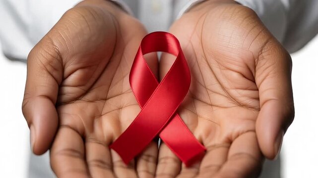 Red awareness ribbon held in hands representing hiv aids support and solidarity