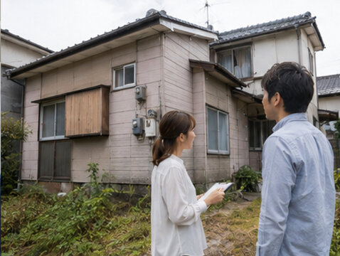 空き家,実家,空き家問題,実家じまい,日本人兄妹,兄妹,きょうだい,家族,相続,相続不動産,相続住宅,親の家,戸建て,一戸建て,中古住宅,古い家,老朽化,建物,住宅,建物点検,住宅点検,状態確認,外壁,屋根,庭,玄関,修繕,リフォーム,解体,空き家管理,不動産,不動産売却,実家売却,資産管理,固定資産税,相続税,遺産整理,遺品整理,生前整理,地方,郊外,帰省,相談,話し合い,社会問題,少子高齢化,