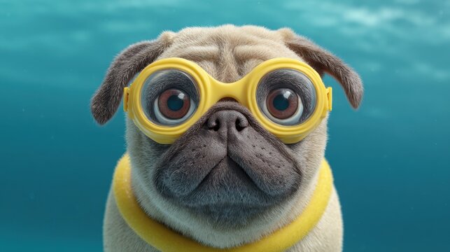 Adorable pug wearing yellow glasses and a sweater, underwater background creating a whimsical atmosphere