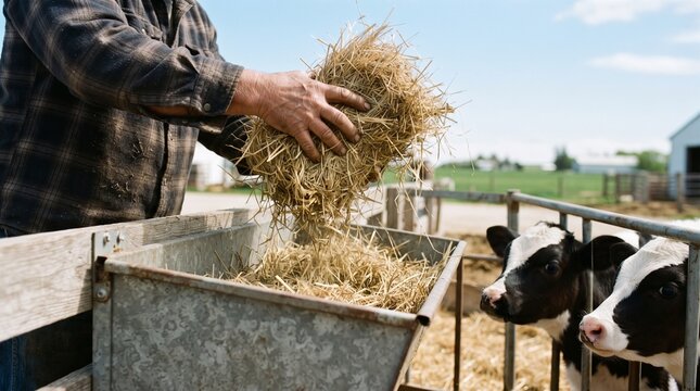livestock care in summer. farmer feeding livestock. Farmer feeding cows. feeding cows with fresh hay. &nbsp;traditional dairy farm. cows eating in barn. Hardworking farmer.  Free range cows. 