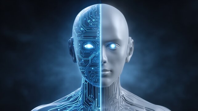 Futuristic Human-Cyborg Hybrid with Circuitry Design and Glowing Eyes Against a Dark Background