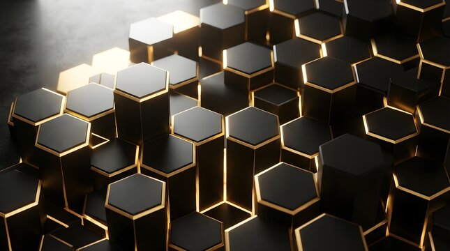 Abstract 3d background with black hexagonal columns and golden glowing edges, modern geometric pattern, futuristic design, high quality render