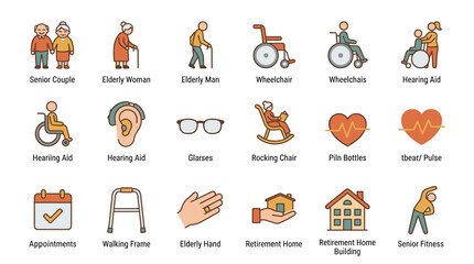 Fototapeta premium Elderly Care and Senior Living Icons Collection.