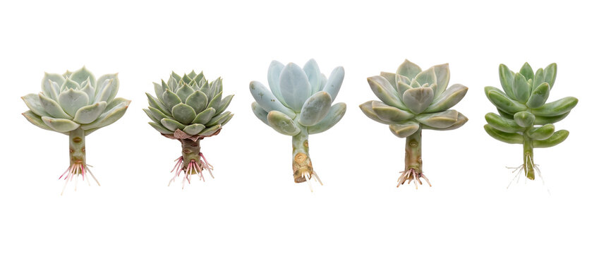 Succulent propagation plant root cuttings growing in a row on black background, showcasing botanical growth, echeveria stem roots, flora development, and home gardening concept for plant lovers.