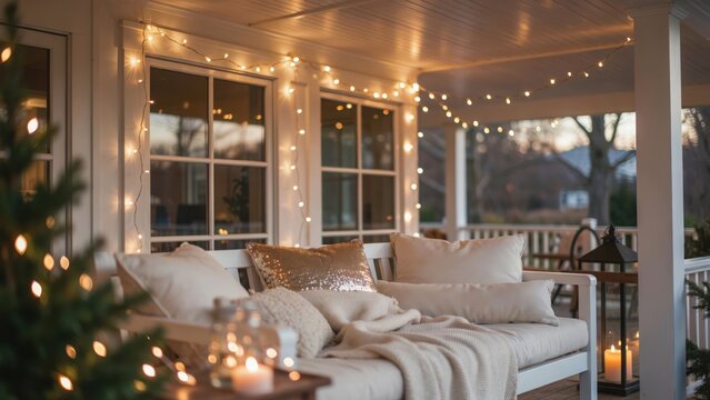 Cozy covered patio with comfortable furniture and warm string lights
