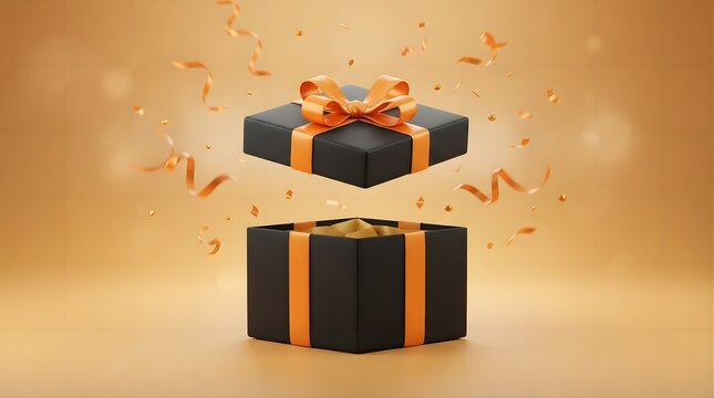 Open black gift box with orange ribbon and bow, floating lid, and festive confetti against a warm golden background, concept of celebration, surprise, and luxury