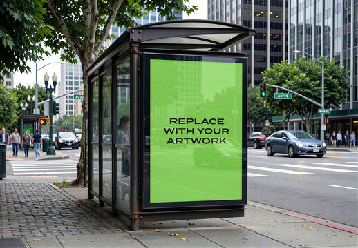 Vertical bus stop advertisement mockup with placeholder screen, urban street scene featuring pedestrian crosswalk, traffic lights, vehicles, city buildings, sidewalk, and cobblestone Template
