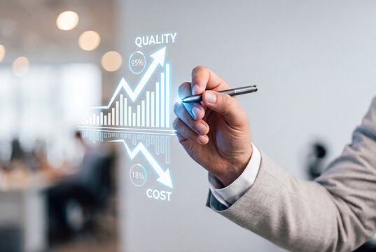 Business professional drawing digital growth chart and cost reduction strategy on screen