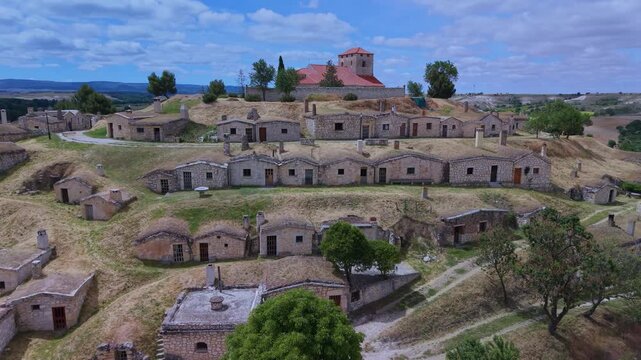 Aerial view from a drone of the wine cellar district of Moradillo de Roa in the Ribera del Duero region. Burgos. Castile and Le&oacute;n. Spain. Europe