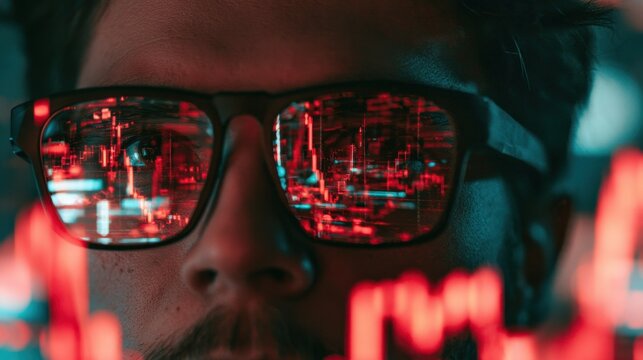 Close-up of man wearing glasses reflecting digital red data charts and code, symbolizing technology, programming, and cybersecurity focus