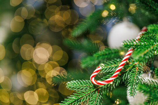 Christmas tree decorations with candy cane and festive lights