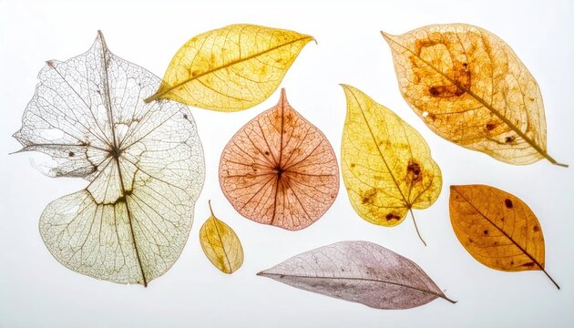 Collection of dried skeleton leaves on white background.
