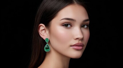 Fototapeta premium Elegant Woman Portrait Wearing Stunning Green Earrings with Natural Makeup and Long Dark Hair Against Black Background