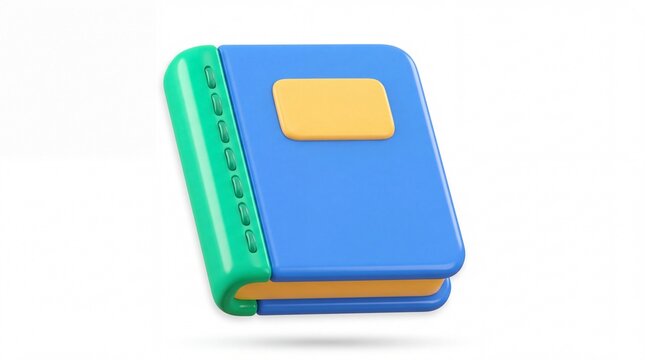 Glossy 3D toy style blue stitched composition book, vibrant chunky school notebook