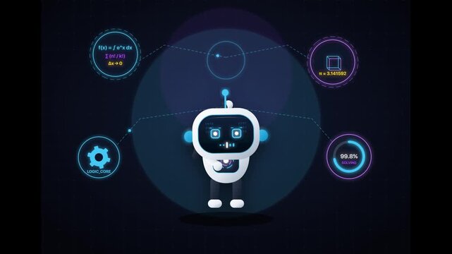 A digital illustration of a cute white robot centered against a dark blue background, surrounded by four glowing circular interface icons representing various technical settings and data metrics.