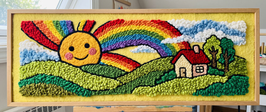 Framed tufted artwork of a smiling sun and rainbow over a house. Colorful handmade punch needle landscape with rolling hills. Cheerful textile craft for kids room