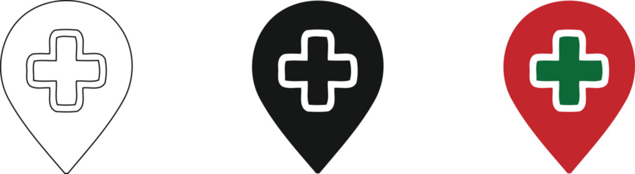 A collection of medical map pin locator icons featuring a classic healthcare cross symbol in various clean graphic design styles suitable for hospital web interface maps, 