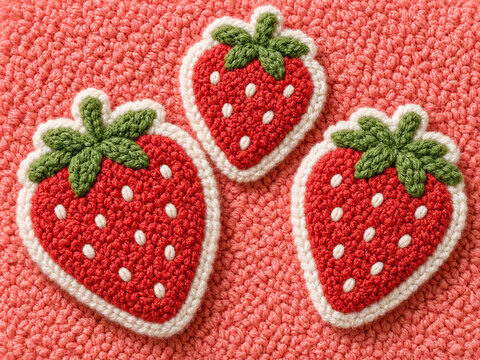 Three tufted red strawberries on a pink background. Handmade punch needle embroidery fruit motif. Textured yarn craft