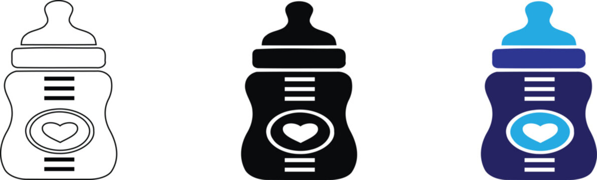 A collection of three baby feeding bottle icons featuring a heart motif in linear black outline, solid black silhouette, and vibrant blue color scheme for infant care design
