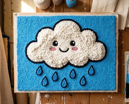 Handmade punch needle art of a cute smiling cloud with raindrops. Tufted yarn textile craft stretched on a wooden frame in a studio. Nursery decor