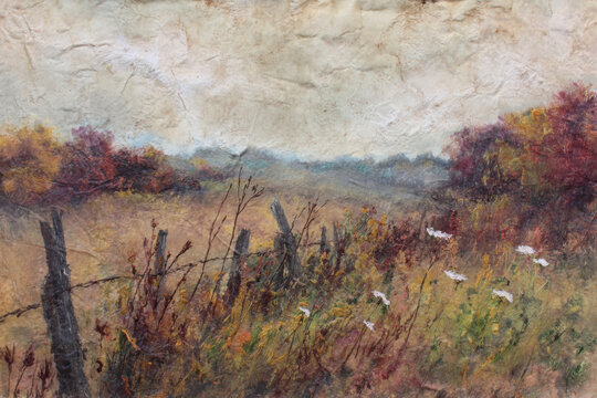 Impressionist style oil painting of flower meadow and rural landscape. Impasto painting.