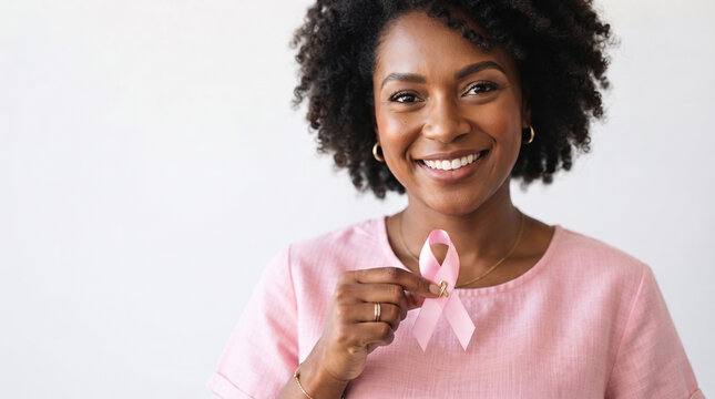 Black woman's hand holding pink Health Women's Awareness ribbon, white background, Pink October Breast Cancer Prevention Awareness