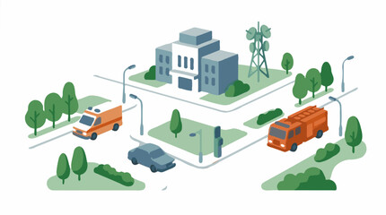 Naklejka premium Isometric city services illustration with fire truck, ambulance, and government building, flat design graphic element