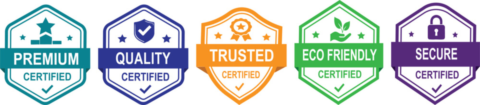 A horizontal collection of five colorful geometric certification badges representing premium quality, trusted verification, eco friendly standards, and secure guarantee seals