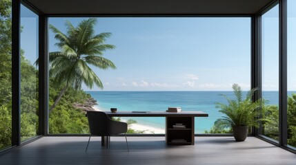 Obraz premium Serene Office View Overlooking Tropical Beach and Ocean Waves with Lush Greenery and Modern Furniture