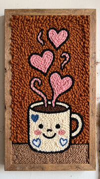 Framed punch needle art of a smiling coffee mug with heart steam. Vertical illustration of handmade tufted textile wall decor with yarn loops. Cute hot beverage on brown background