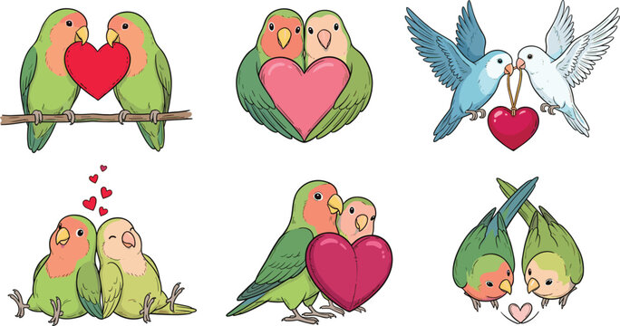 Lovebird and Budgerigar Parrot Couple Vector Set with Cute Birds Holding Red Hearts for Valentine Day Romantic Graphic Designs