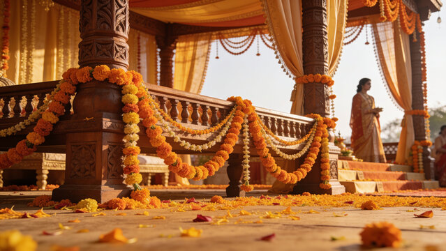 Traditional Indian wedding mandap with marigold decorations