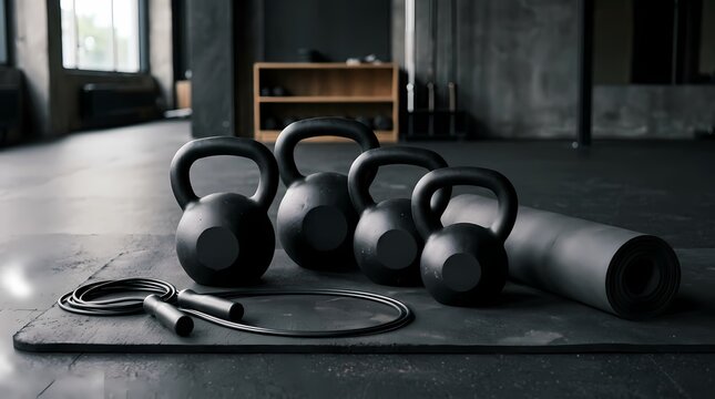 A collection of black kettlebells and a jump rope arranged on a gym floor for fitness training