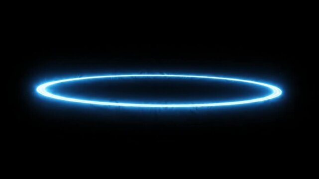 Glowing blue neon ring rotating in dark digital space creating mesmerizing motion graphics animation video effect