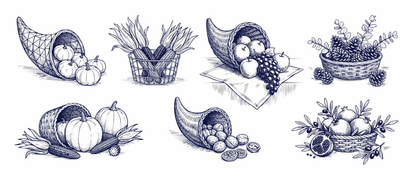Harvest cornucopia vector sketch set featuring pumpkins, grapes, corn, and pomegranates in vintage engraving style for Thanksgiving autumn festival celebration, isolated on white background