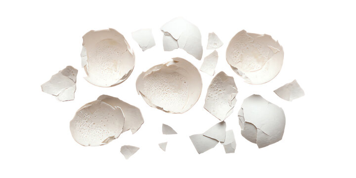 Broken eggshell pieces scattered arrangement isolated on transparent background