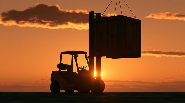 Silhouette of forklift lifting large wooden container in industrial setting during vibrant orange sunset sky