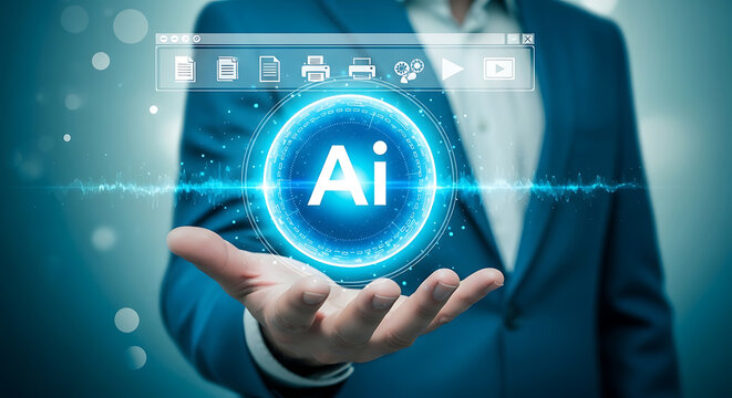 Hand holding smartphone with ai hologram interface