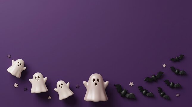 Cute little ghost figures and black bats arranged on a solid dark purple background for halloween holiday celebration