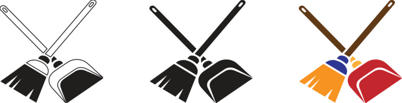 Three stylized variations of crossed household cleaning broom and dustpan icons displayed in line art, solid black silhouette, and simple flat vector graphic color styles