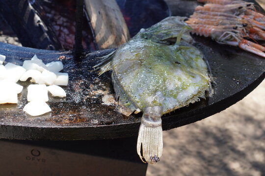 Fresh seafood including fish, langoustines, shrimp, and cuttlefish cooking on a large round outdoor brazier plancha grill over open wood fire on &Icirc;le d'Aix,