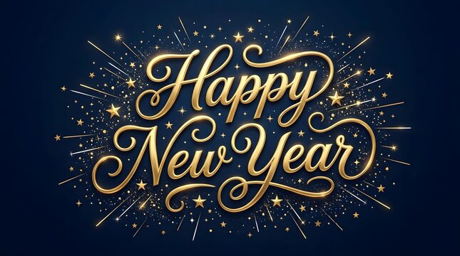Elegant gold happy new year greeting card design featuring sparkling fireworks for celebrating new years day festivities